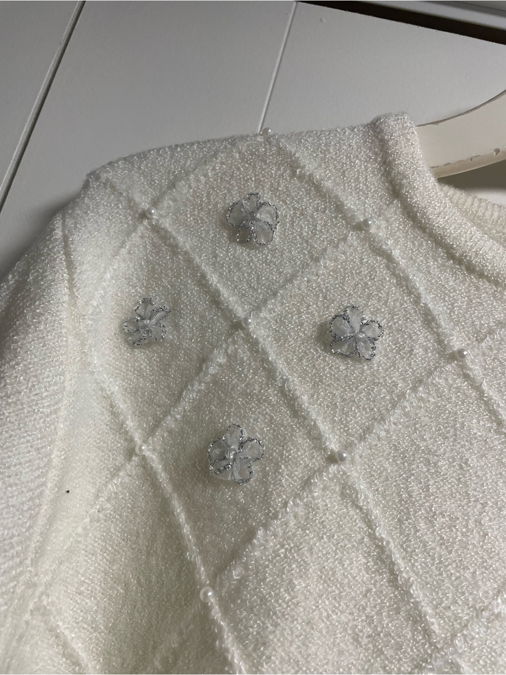 90s Y2K Vintage Volga Beaded Diamond Pattern Cardigan White Size L - Picture 6 of 7